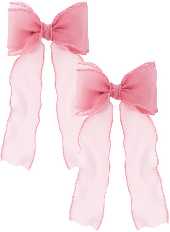 STSTR 2pcs Large Hair Bow Clips, Pink Red Silk Yarn Ribbon Bow Hair Barrette for Women, Elegant Long Tail Bowknot French Hair Accessories for Wedding, Parties, Festivals - Image 1